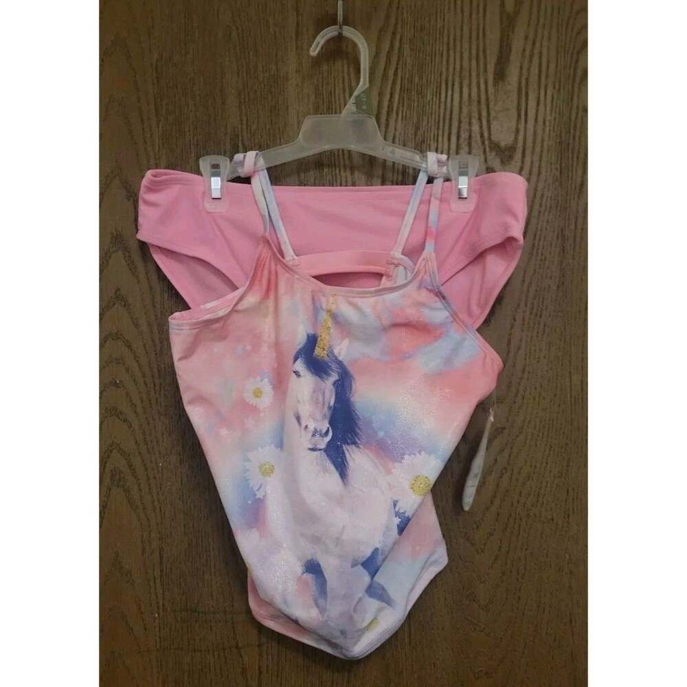 Wonder Nation Girls 2 Piece Swimsuit Tankini Unicorn Size XL 14/16 Pink UPF 50+